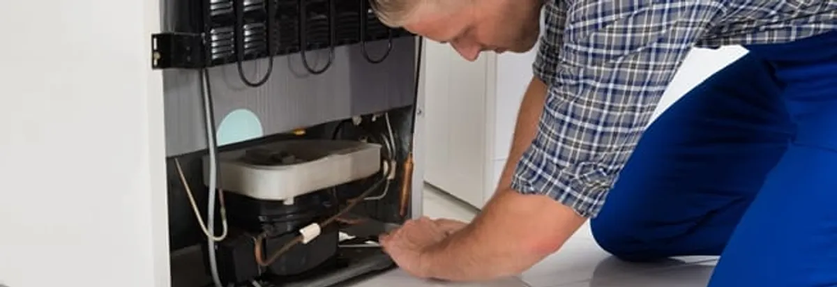 Refrigerator repair technician servicing the compressor and condenser area in Fort Collins, CO